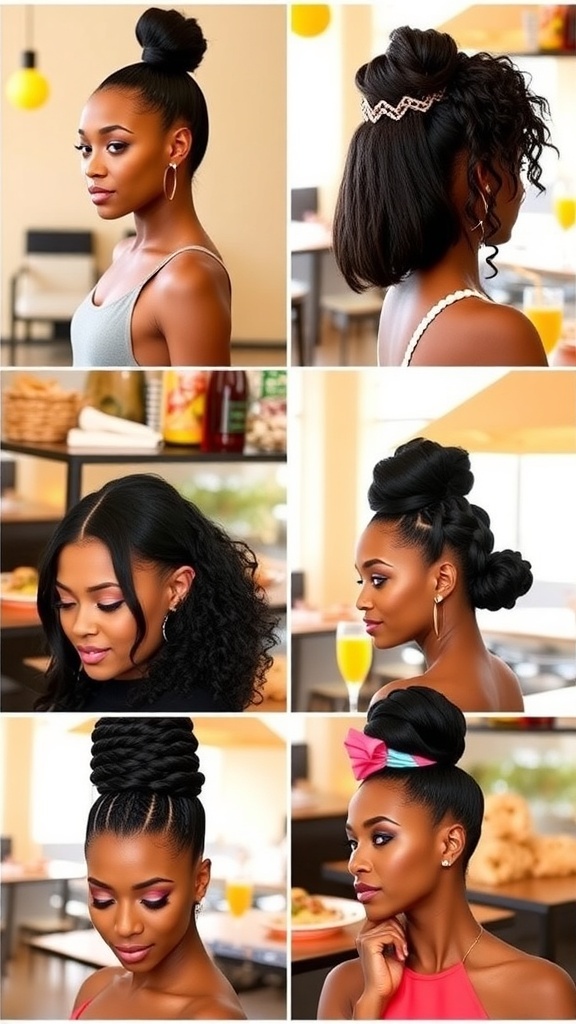 Collage of brunch hairstyles for Black women including ponytail, curls, braids, and updos.